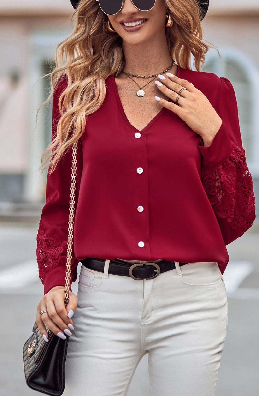 Lace Detail V Neck Blouse