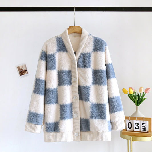 Gingham Pattern Fuzzy Cardigan