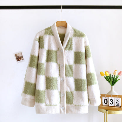 Gingham Pattern Fuzzy Cardigan