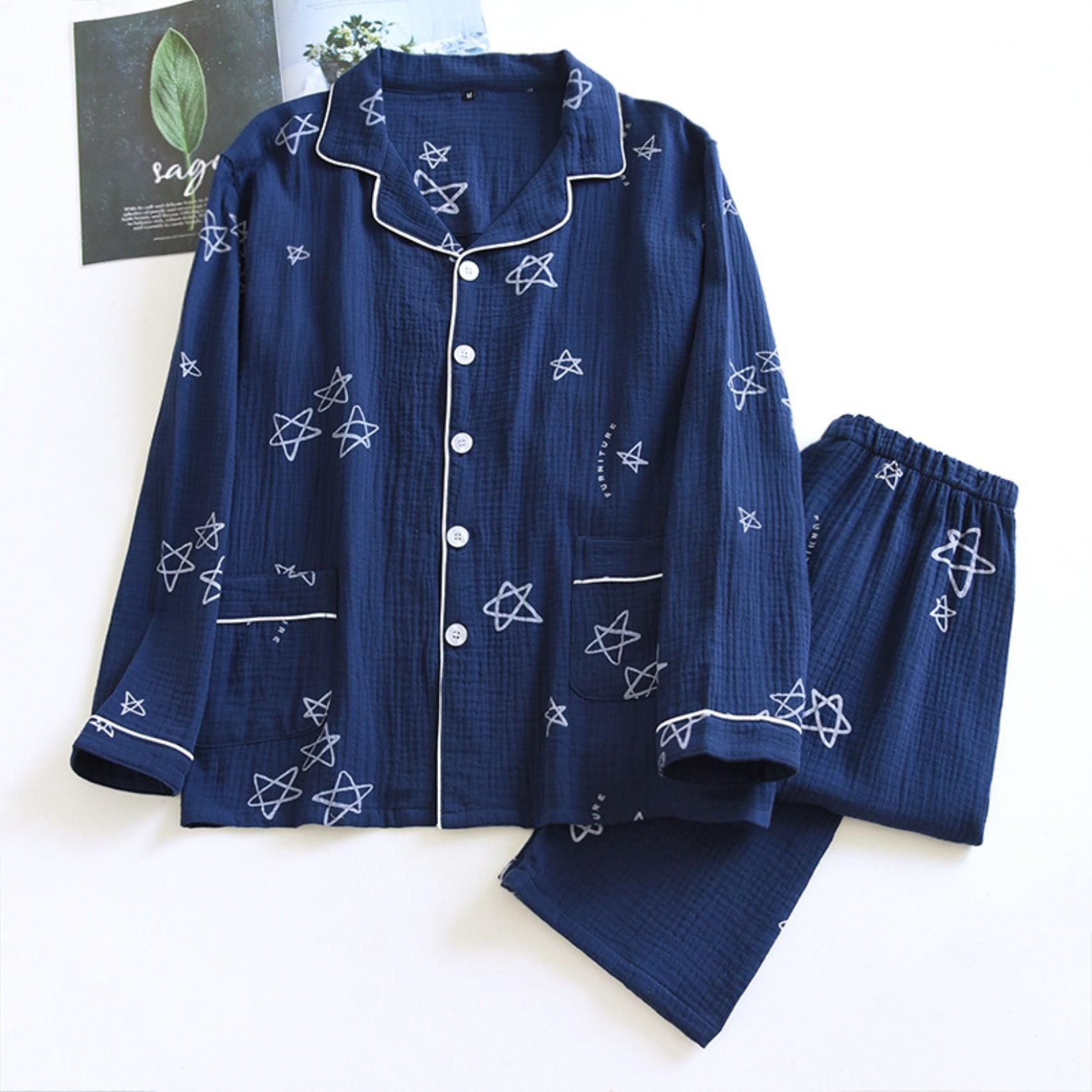 Anna-Kaci Lounge Women's Long Sleeve Button-Up Pajama Set with Notched Collar and Star Print Design