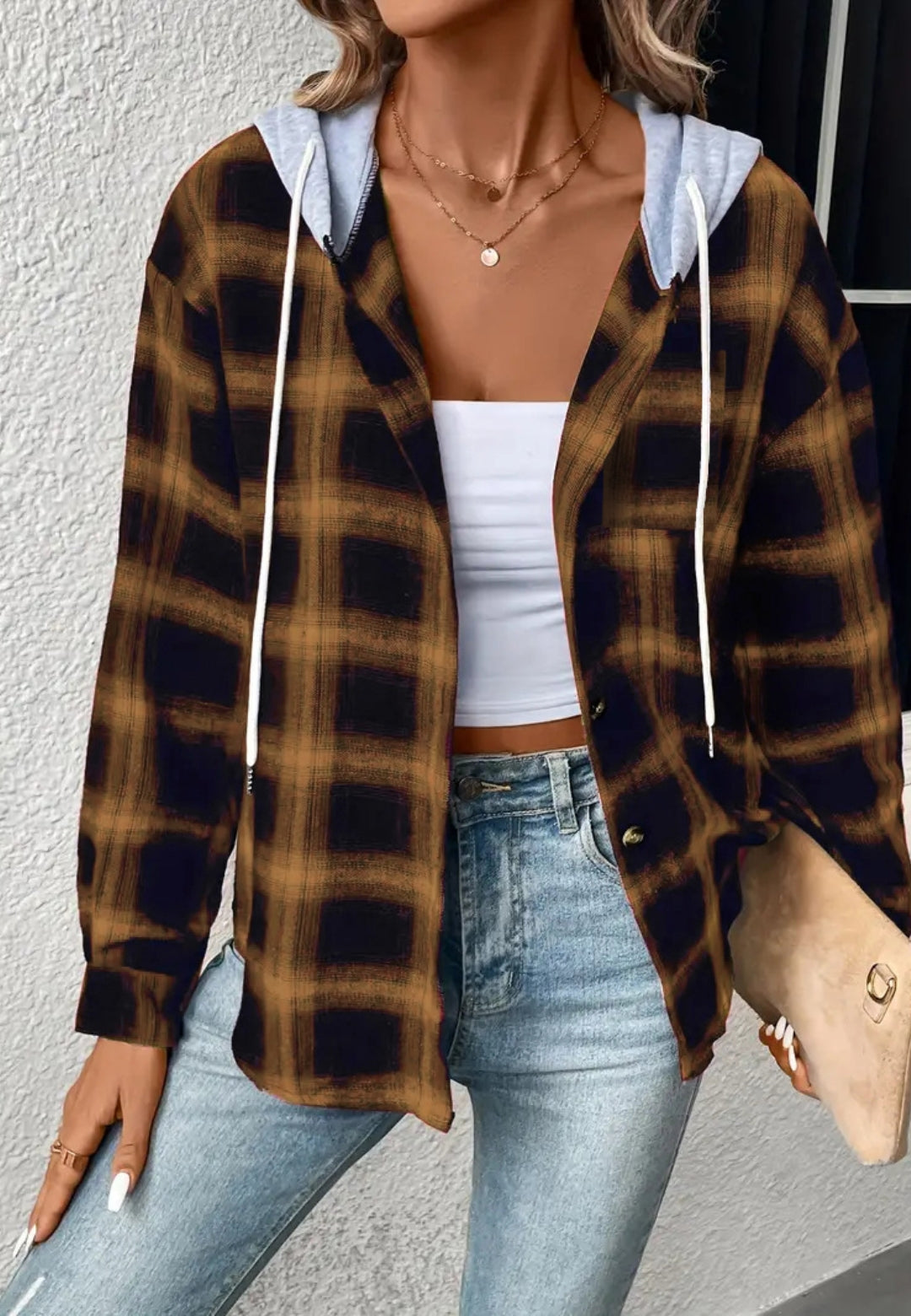 Contrast Hood Plaid Pattern Jacket
