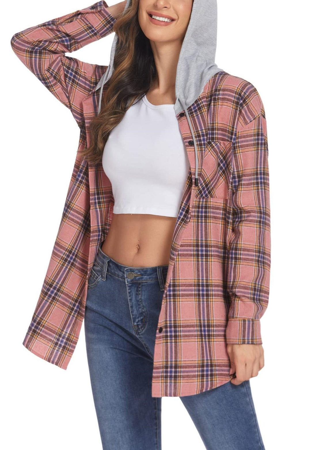 Contrast Hood Plaid Pattern Jacket