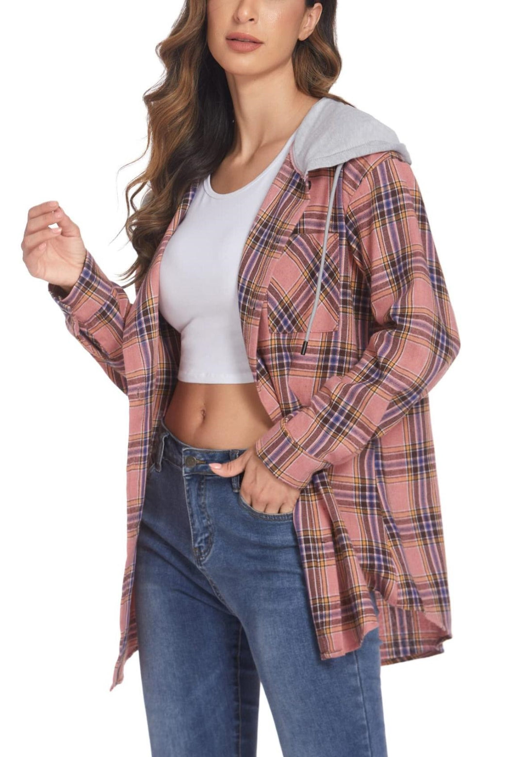 Chaqueta con capucha en contraste y estampado de cuadros