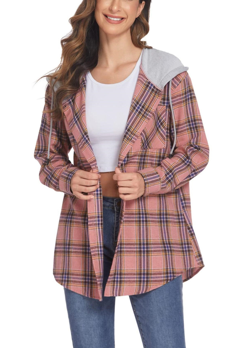 Chaqueta con capucha en contraste y estampado de cuadros
