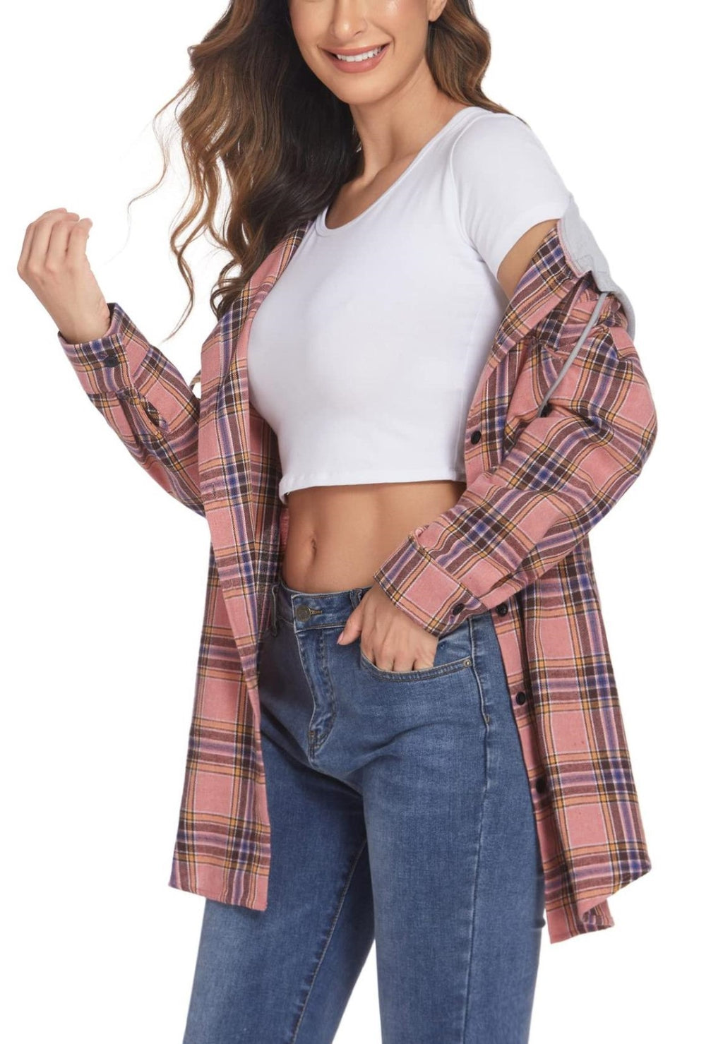 Chaqueta con capucha en contraste y estampado de cuadros