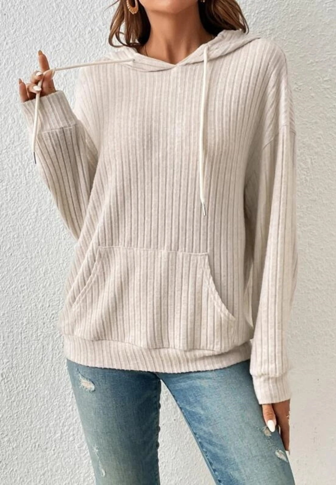 Ribbed Knit Drop Shoulder Hoodie