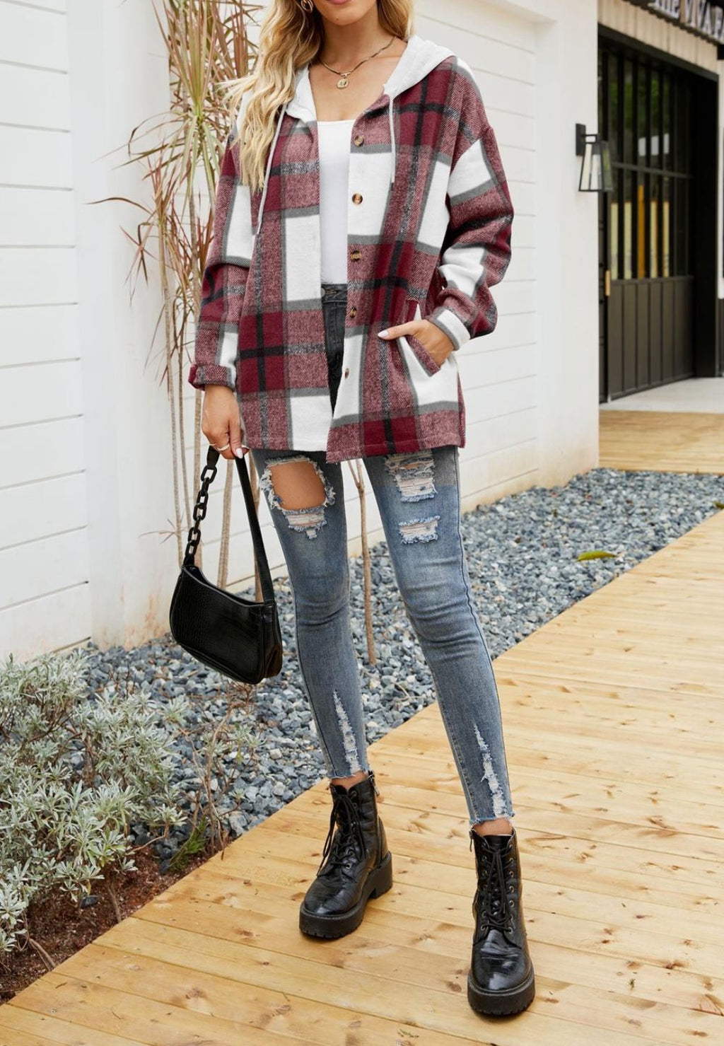 Chaqueta con capucha y estampado de cuadros