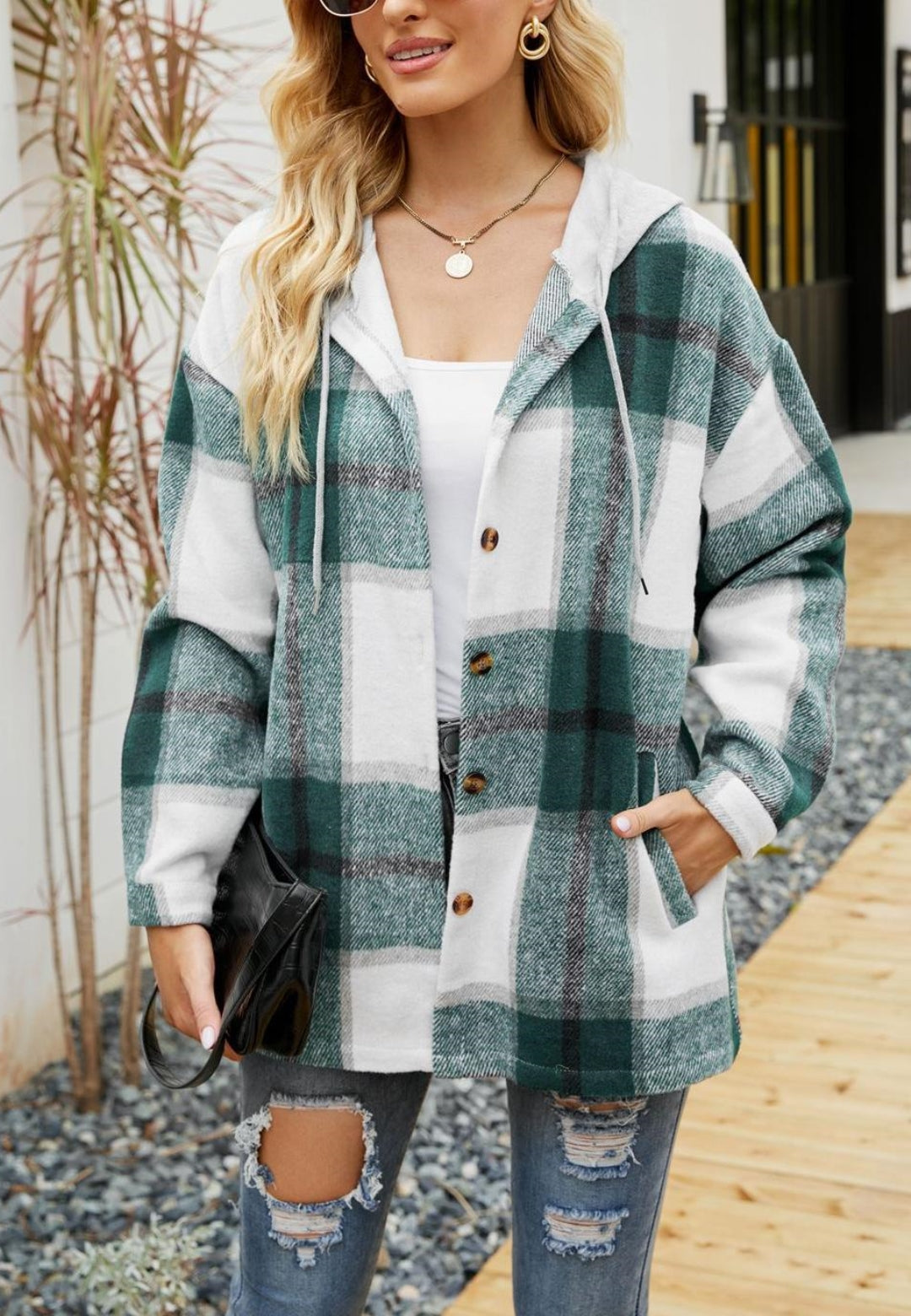 Chaqueta con capucha y estampado de cuadros