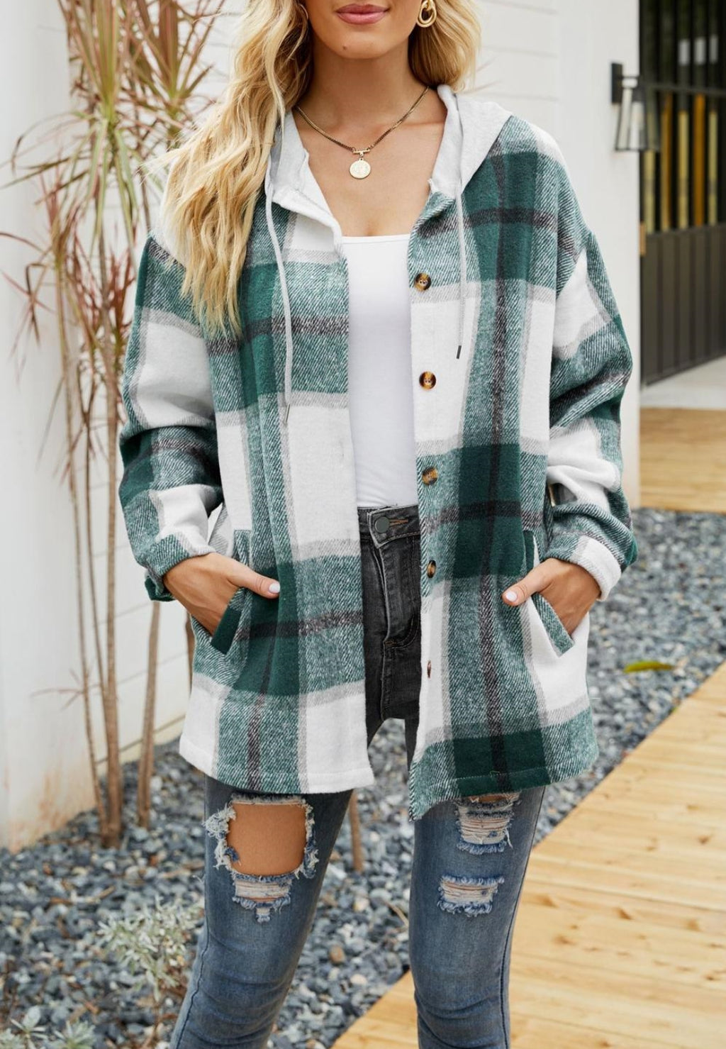 Chaqueta con capucha y estampado de cuadros