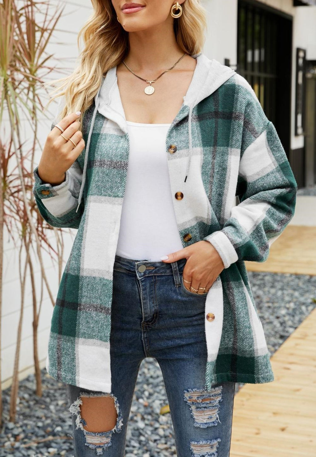 Chaqueta con capucha y estampado de cuadros