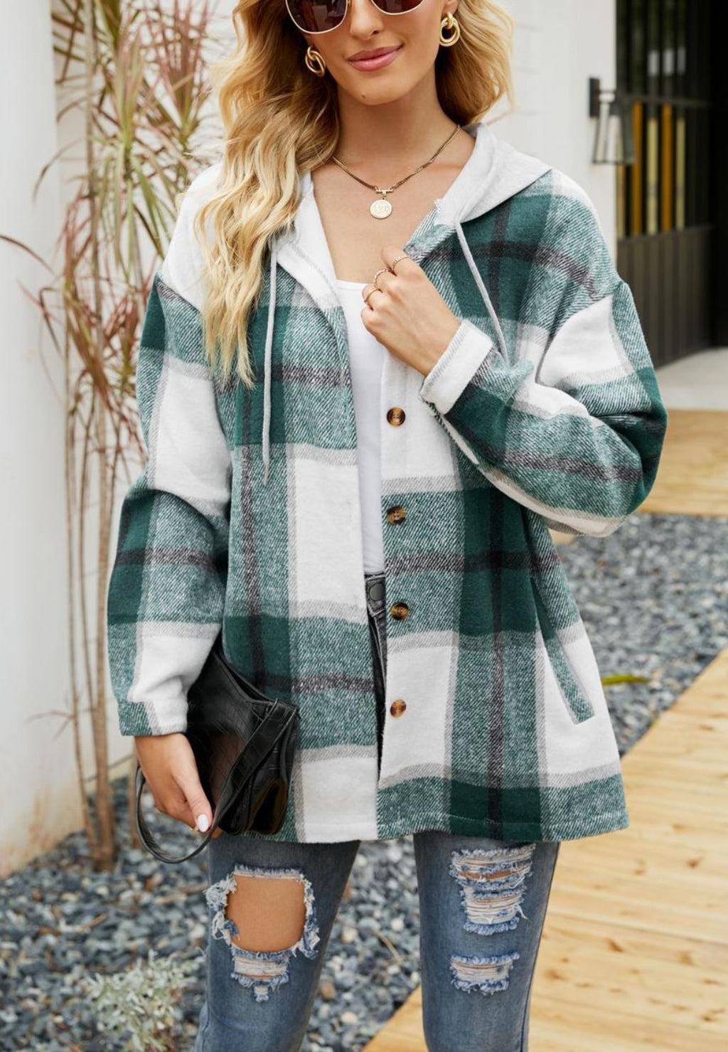 Chaqueta con capucha y estampado de cuadros