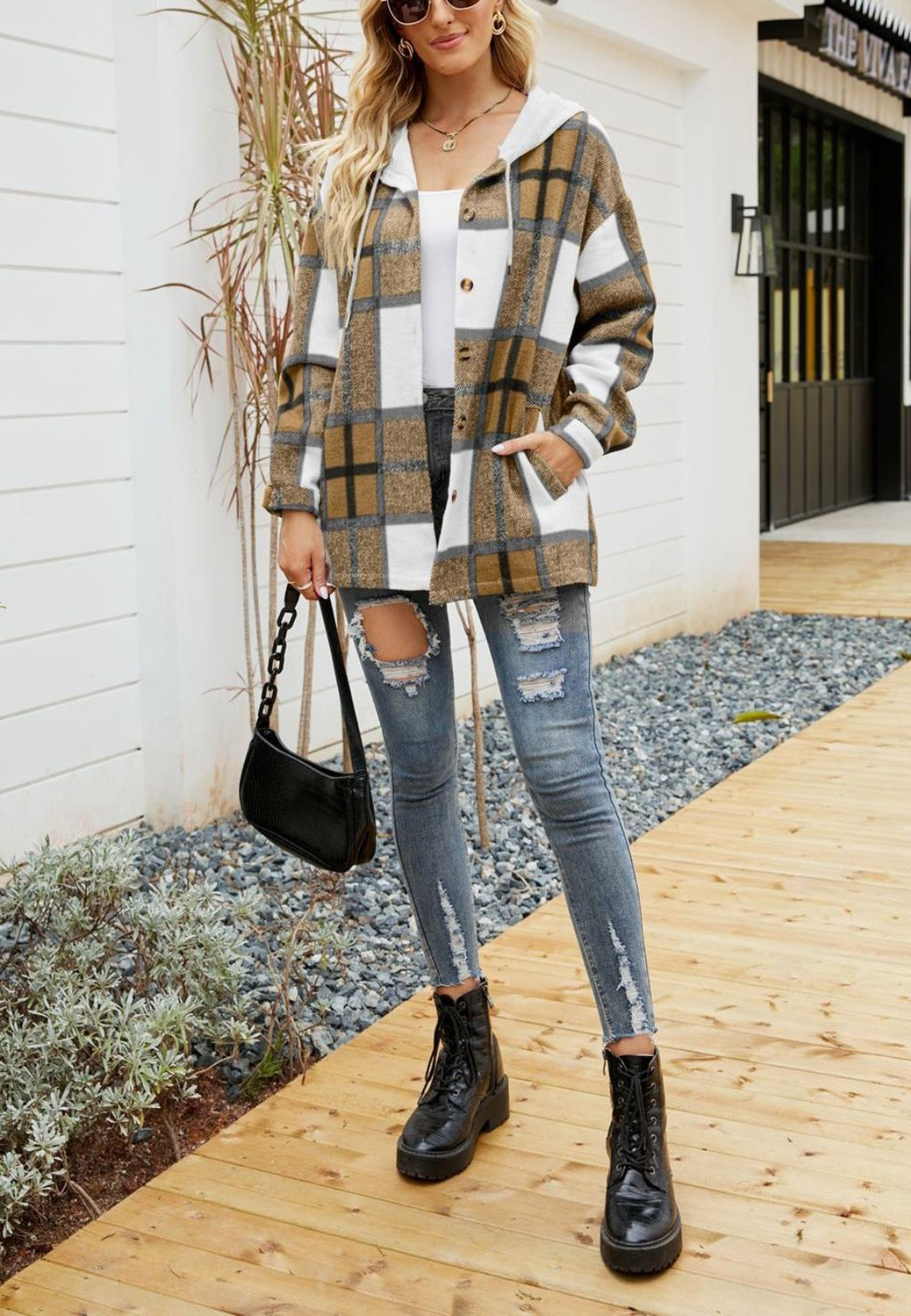 Chaqueta con capucha y estampado de cuadros