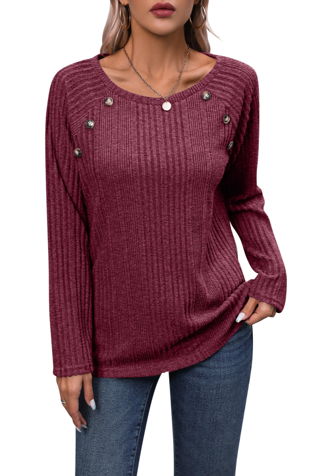 Button Detail Textured Knit Sweater