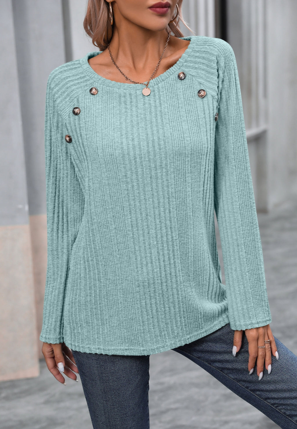 Button Detail Textured Knit Sweater