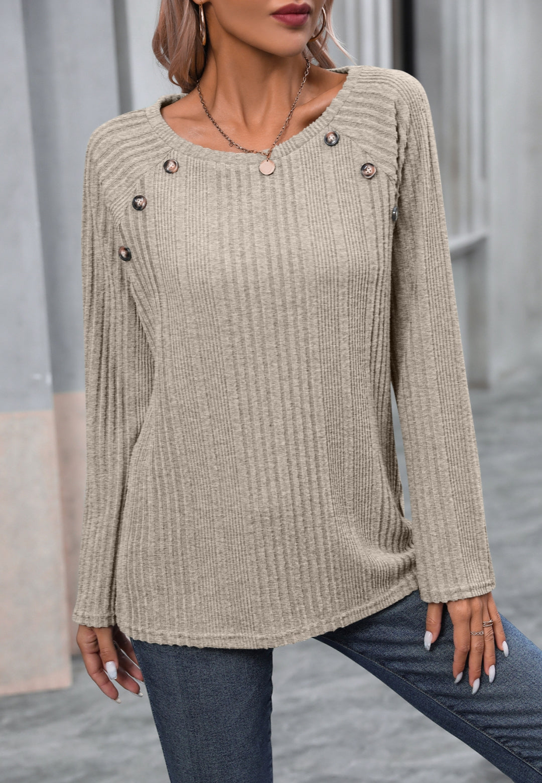 Button Detail Textured Knit Sweater