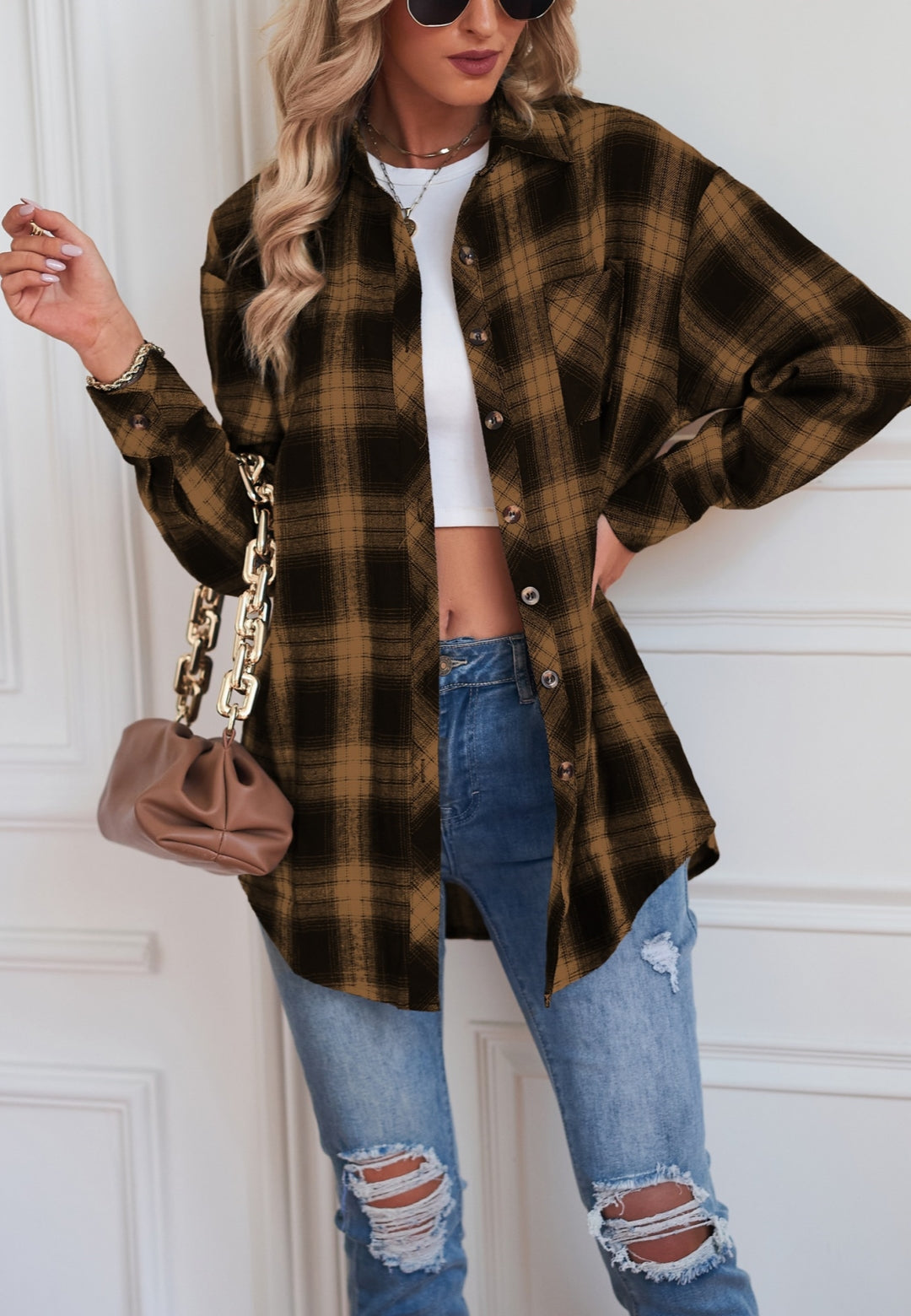 Plaid Print Button Front Shacket