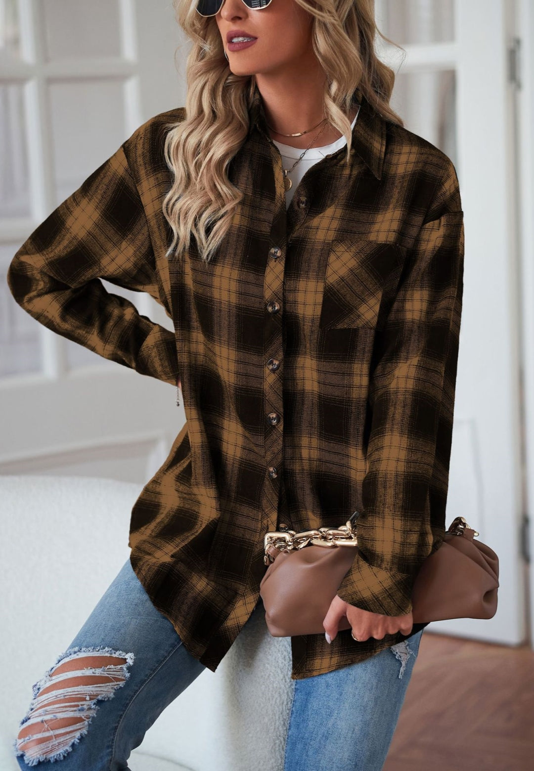 Plaid Print Button Front Shacket