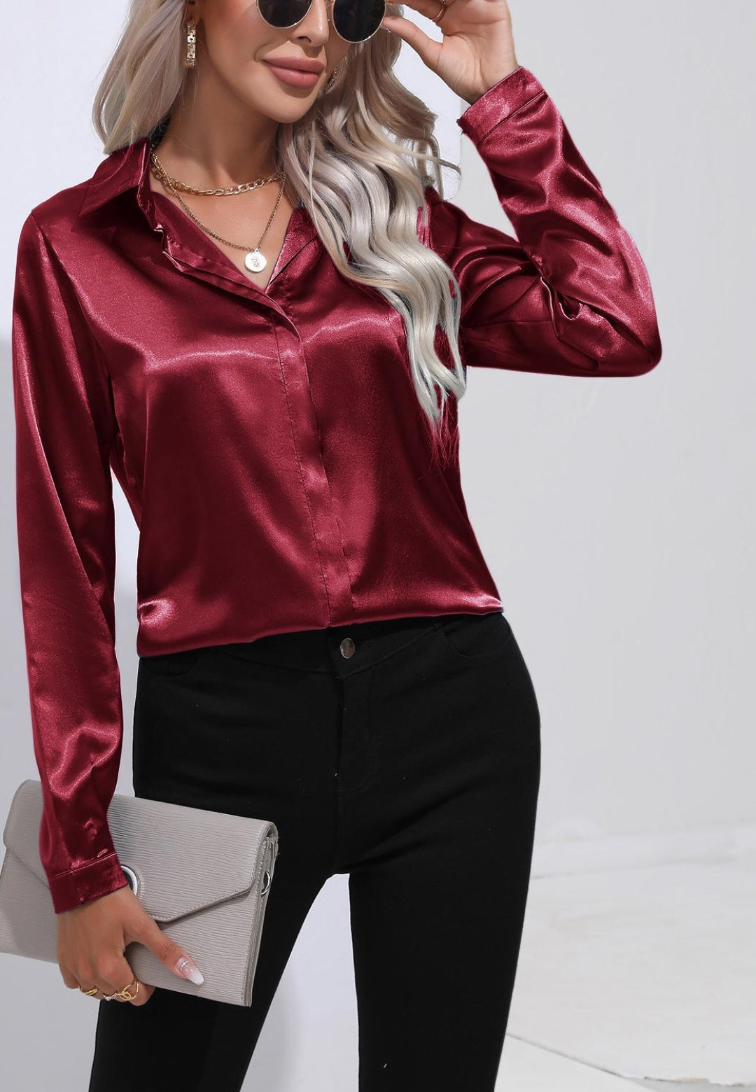 Satin Button Down Collared Shirt
