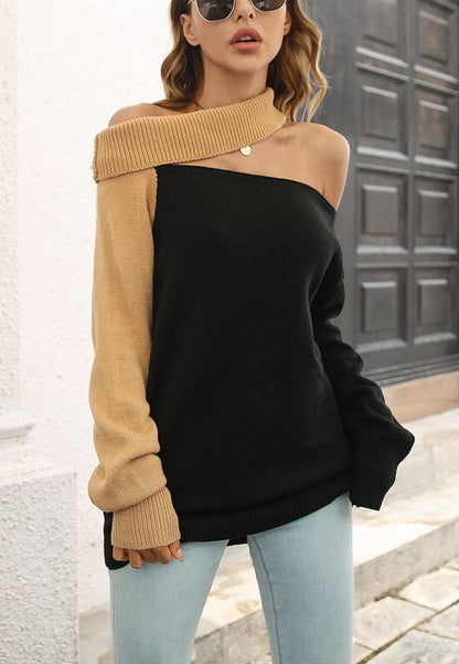 Two Tone One Shoulder Asymmetric Sweater