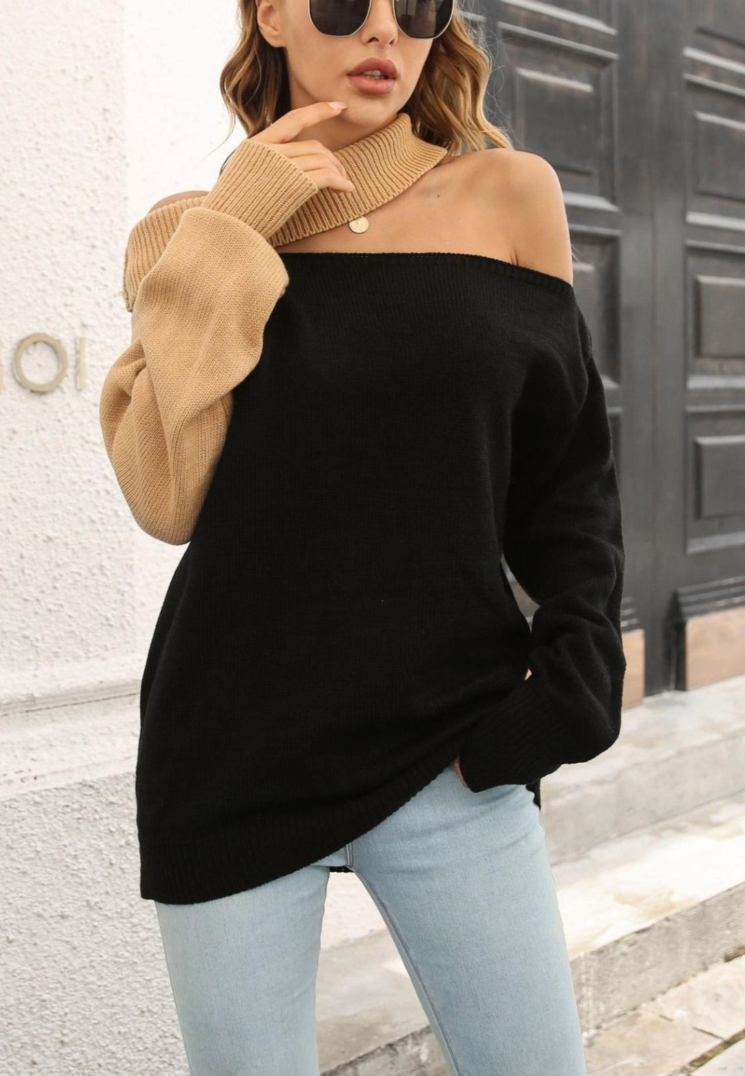 Two Tone One Shoulder Asymmetric Sweater