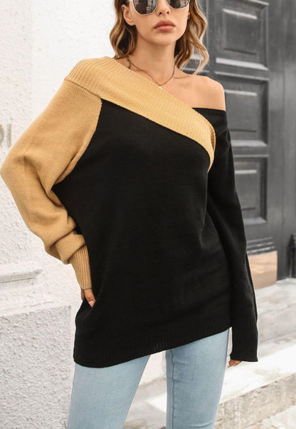 Two Tone One Shoulder Asymmetric Sweater
