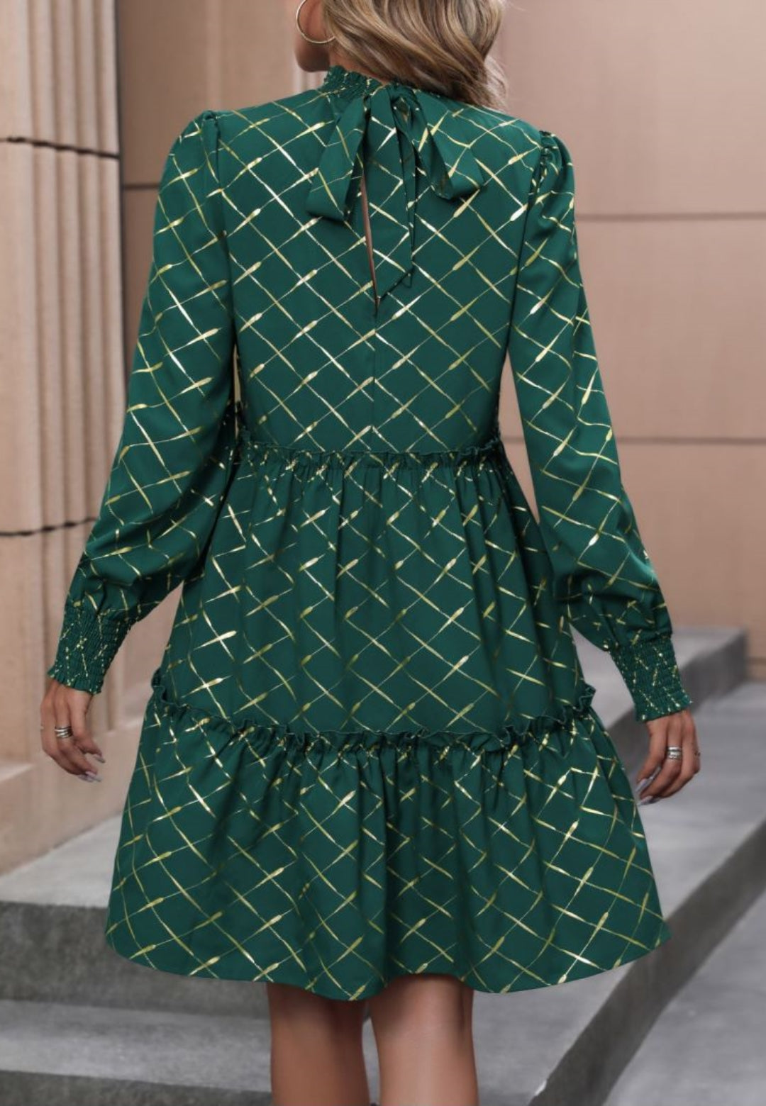 Shirred Neck Geometric Pattern Dress