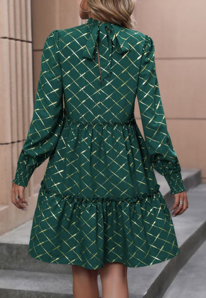 Shirred Neck Geometric Pattern Dress