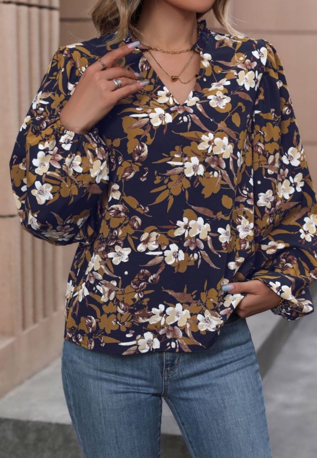 V Neck Bishop Sleeve Blouse