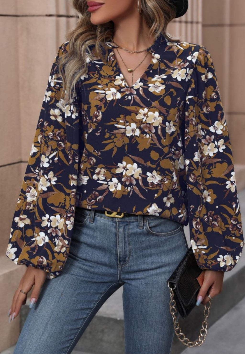 V Neck Bishop Sleeve Blouse