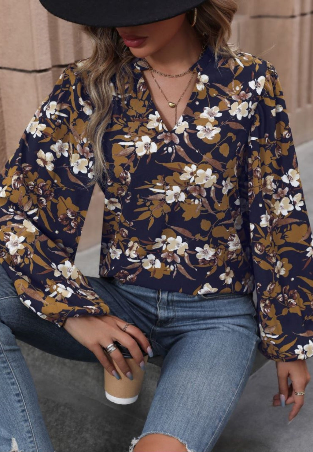 V Neck Bishop Sleeve Blouse