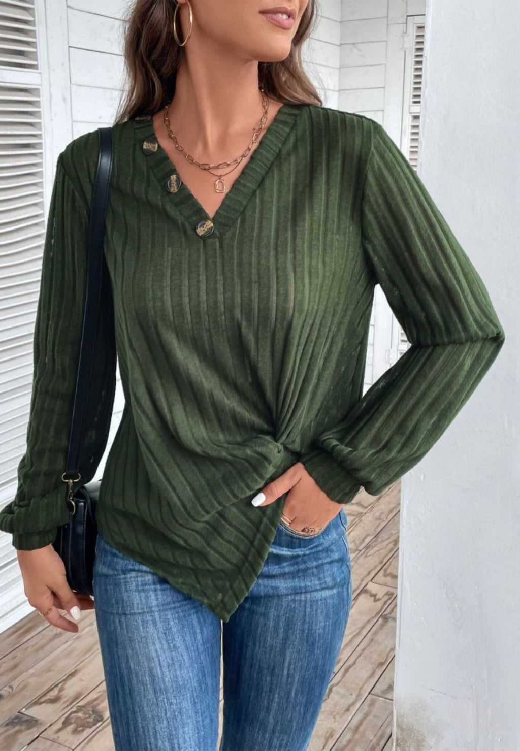 Button V Neck Twist Front Sweater