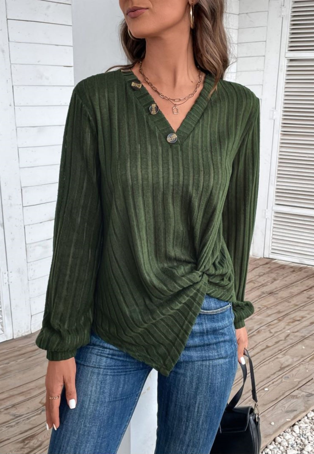 Button V Neck Twist Front Sweater