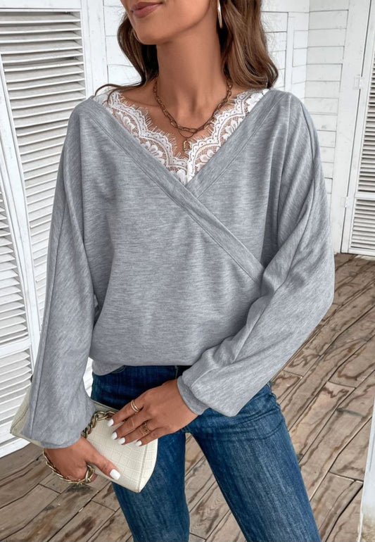 Lace Trim Surplice Sweater