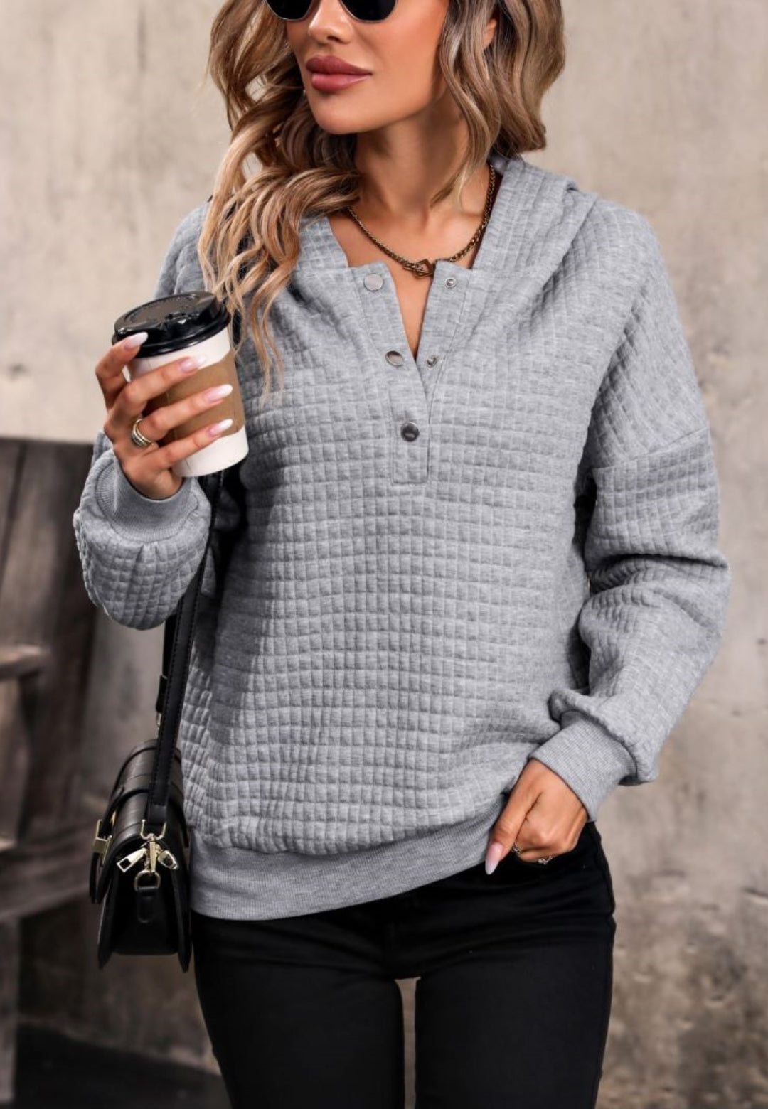 Button Front Quilted Hoodie Sweater