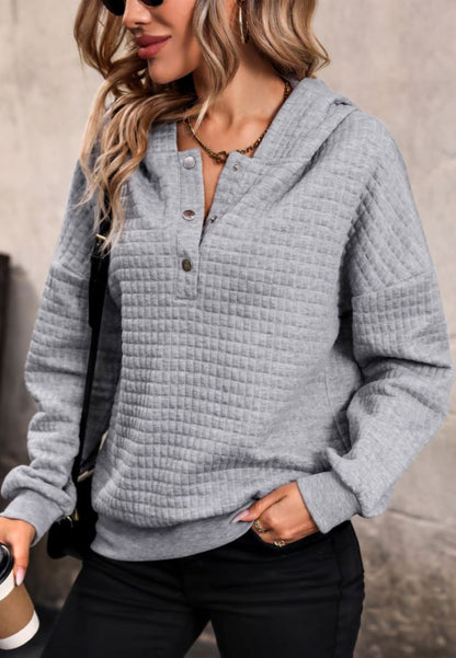 Button Front Quilted Hoodie Sweater