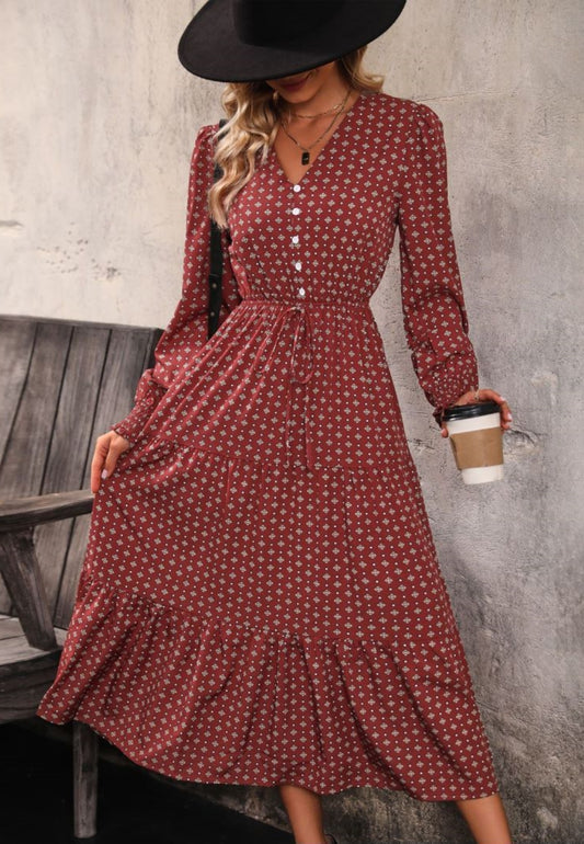 Geometric Print Button Detail Dress