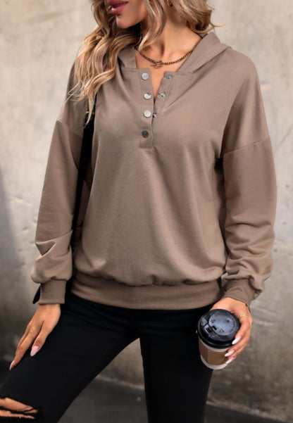 Henley Button Hooded Sweater