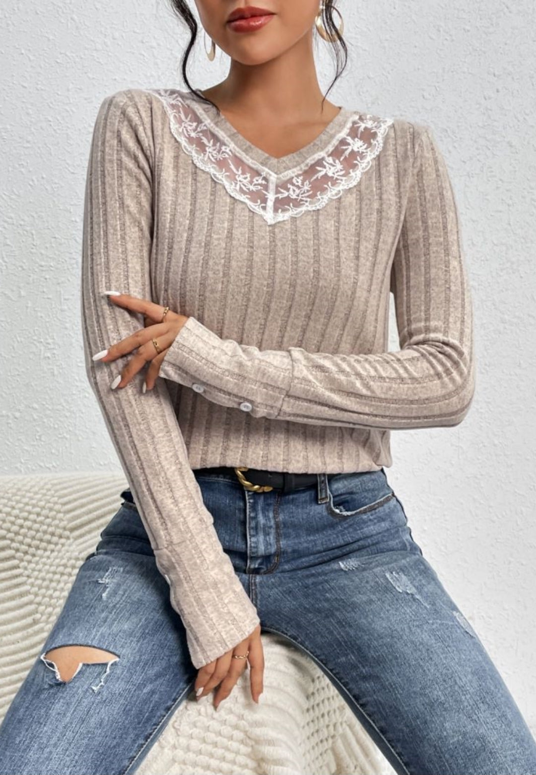 Lace Detail Button Cuff Sweater