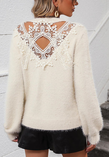 Cutout Lace Back Fuzzy Sweater