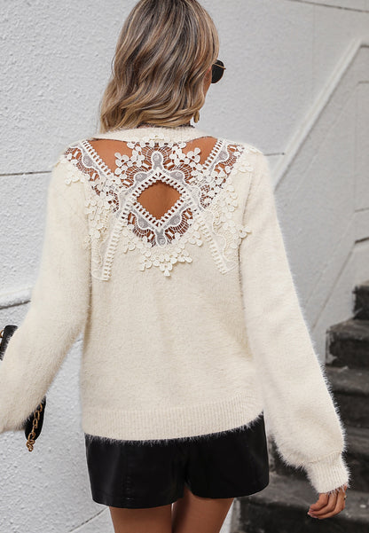 Cutout Lace Back Fuzzy Sweater