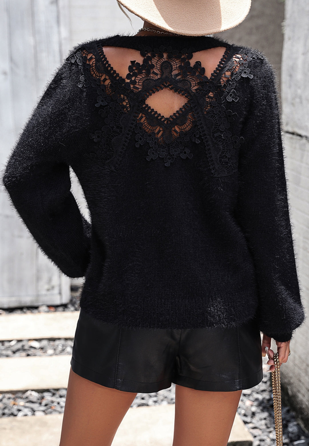 Cutout Lace Back Fuzzy Sweater