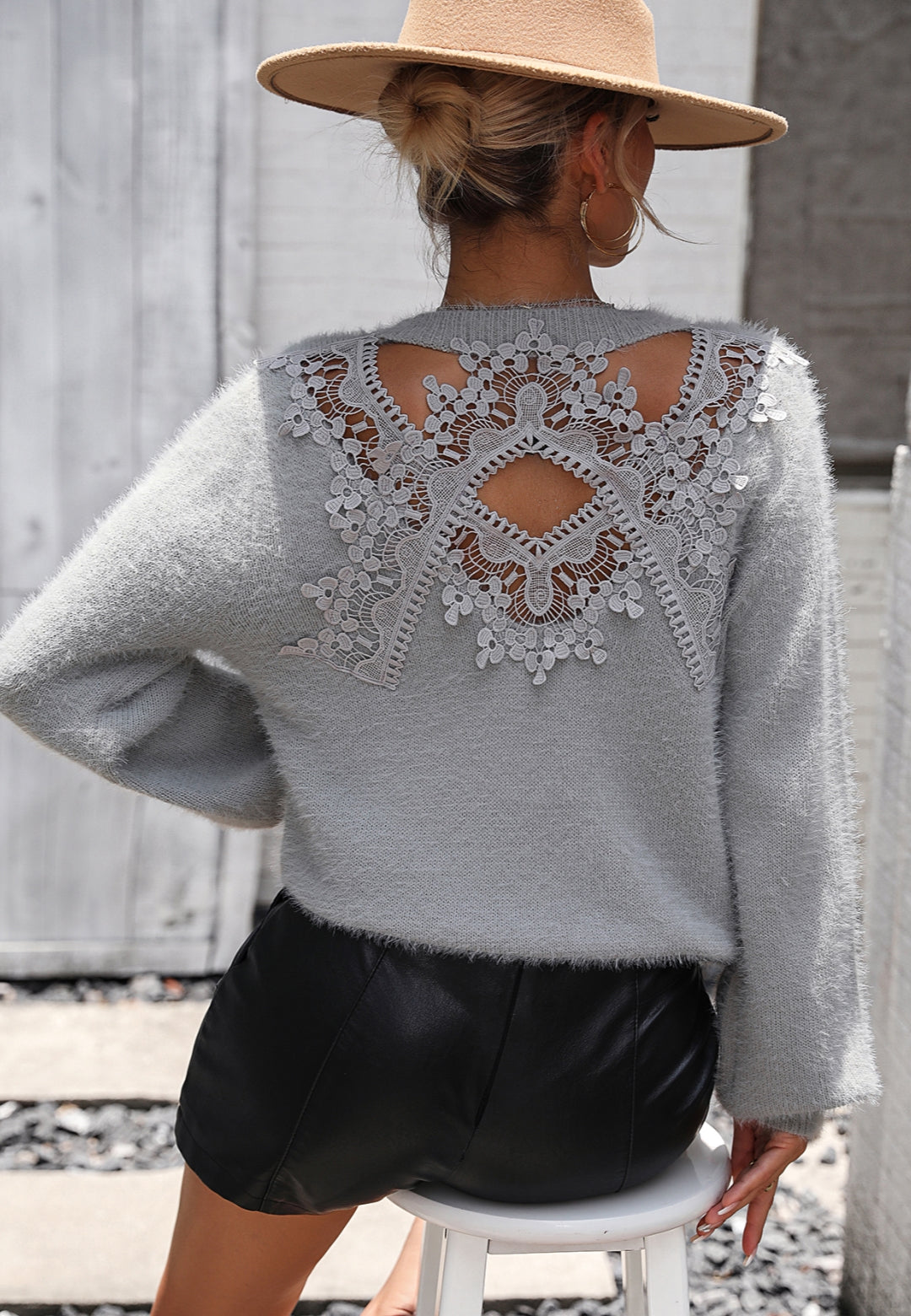 Cutout Lace Back Fuzzy Sweater