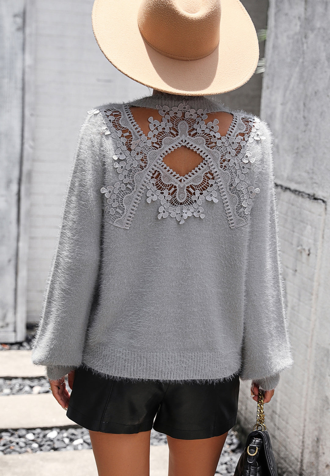 Cutout Lace Back Fuzzy Sweater