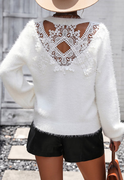 Cutout Lace Back Fuzzy Sweater