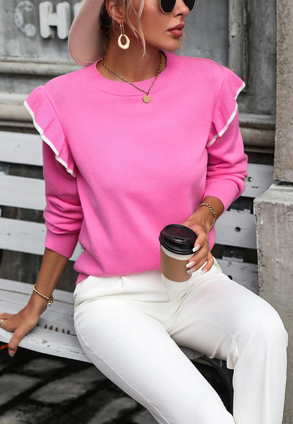 Contrast Ruffle Shoulder Sweater