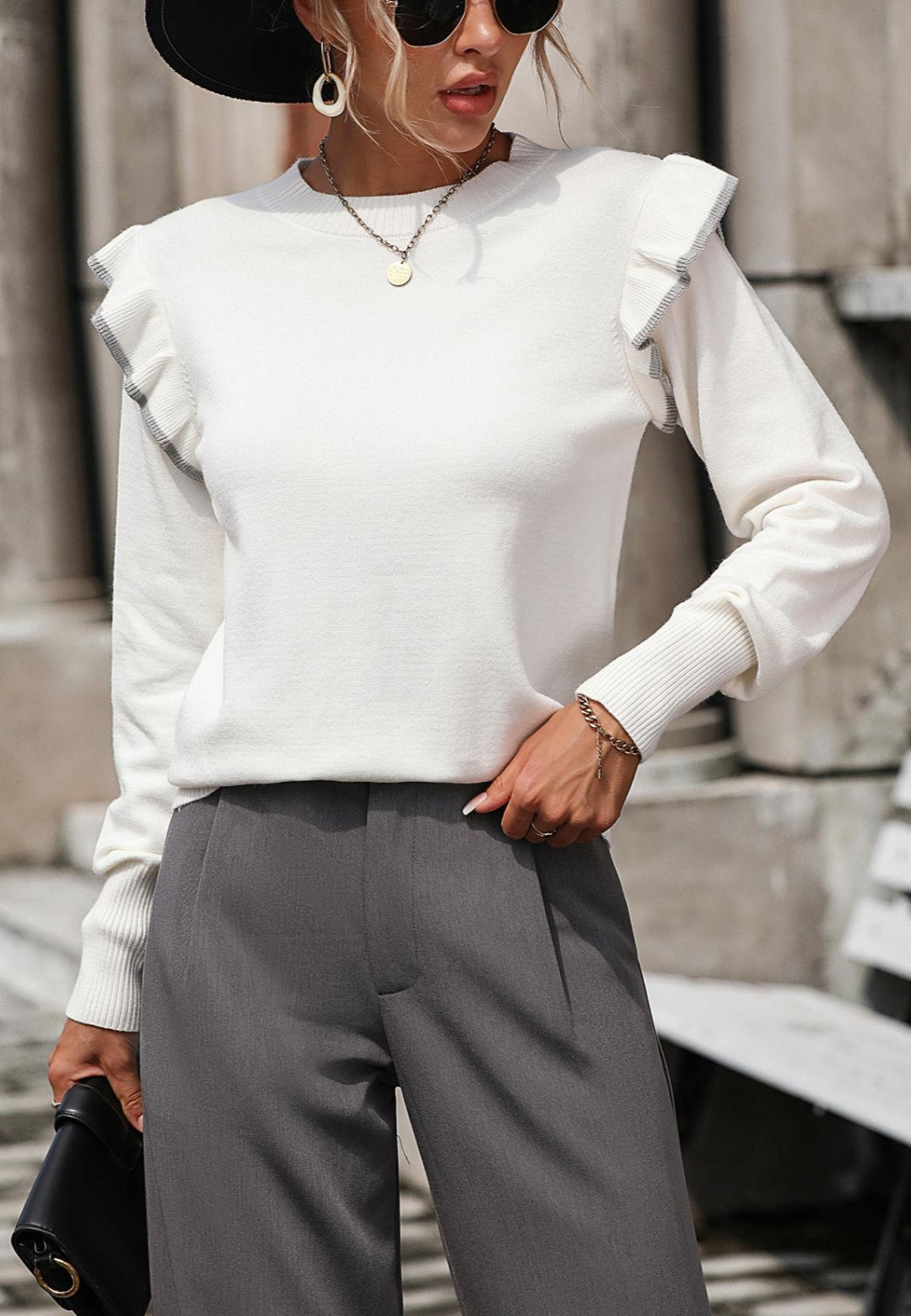 Contrast Ruffle Shoulder Sweater