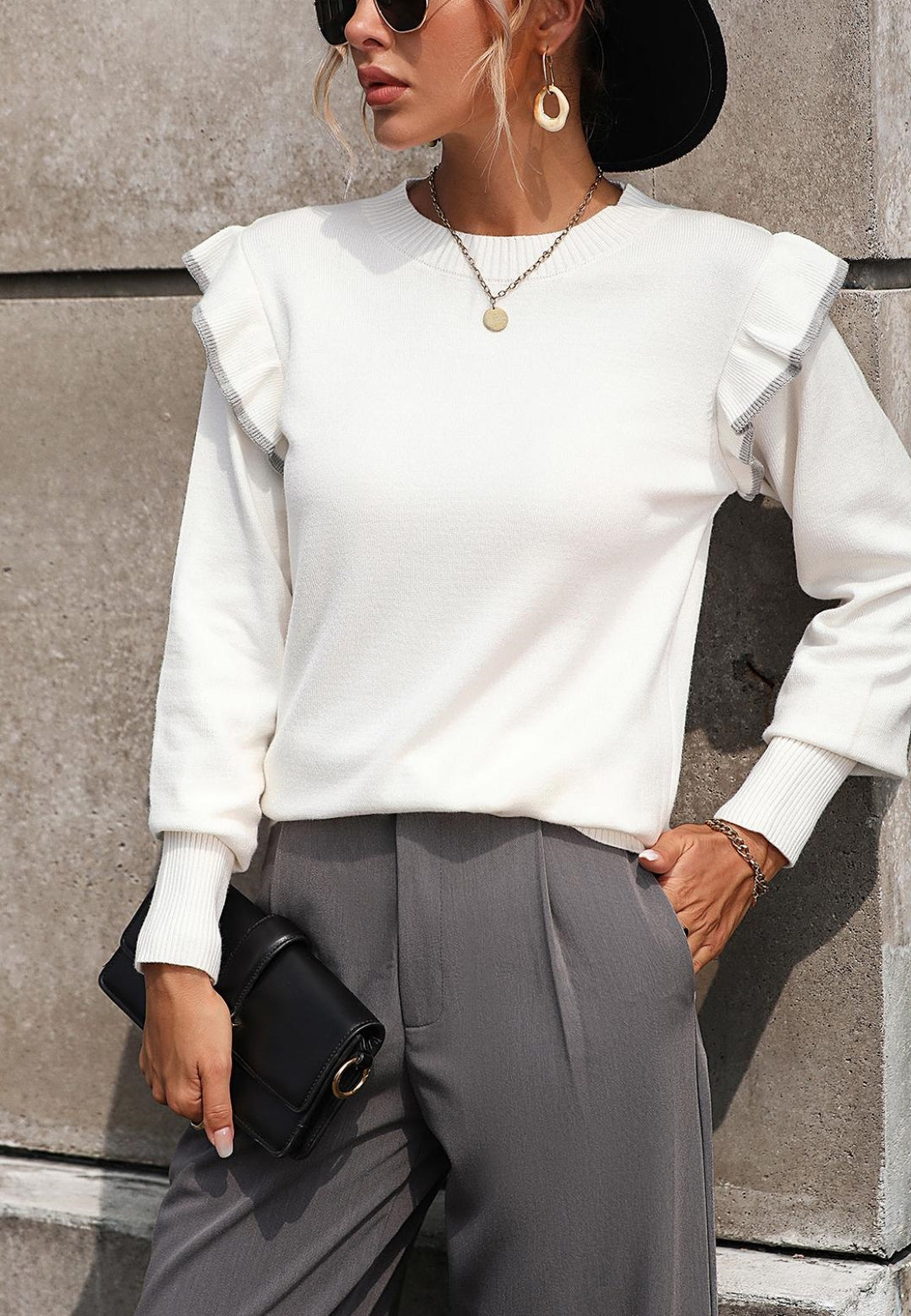 Contrast Ruffle Shoulder Sweater
