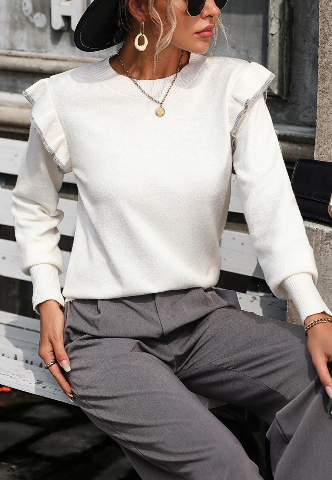 Contrast Ruffle Shoulder Sweater