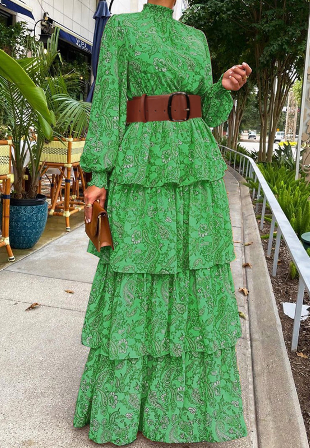 Shirred High Neck Paisley Dress