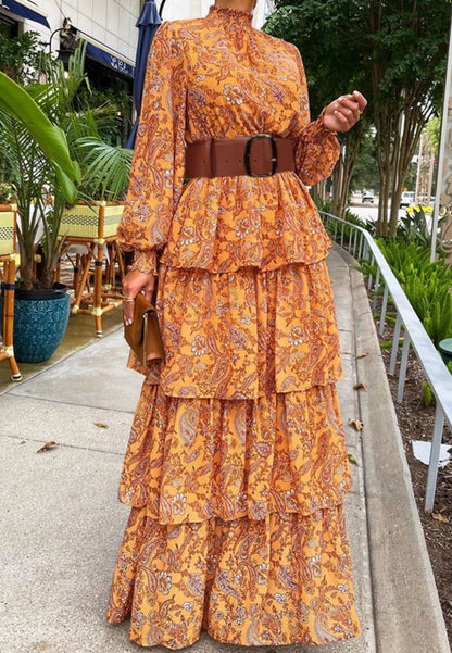 Shirred High Neck Paisley Dress